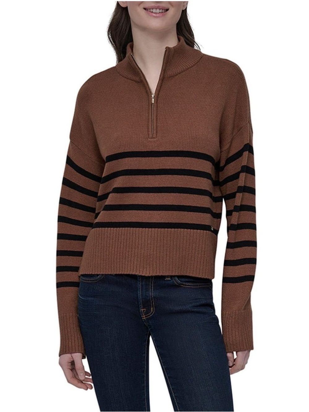 DKNY Brown and Black Striped Quarter‑Zip Sweater